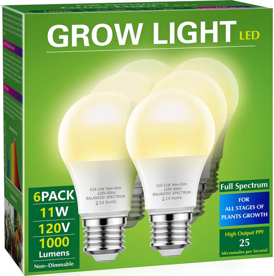 Grow Light Bulbs, LED Grow Light Bulb A19 Bulb, Full Spectrum Grow Light Bulb, Plant Light Bulbs E26 Base, 11W Grow Bulb 100W Equivalent, Grow Light for Indoor Plants, Seed Starting, 6 Pack