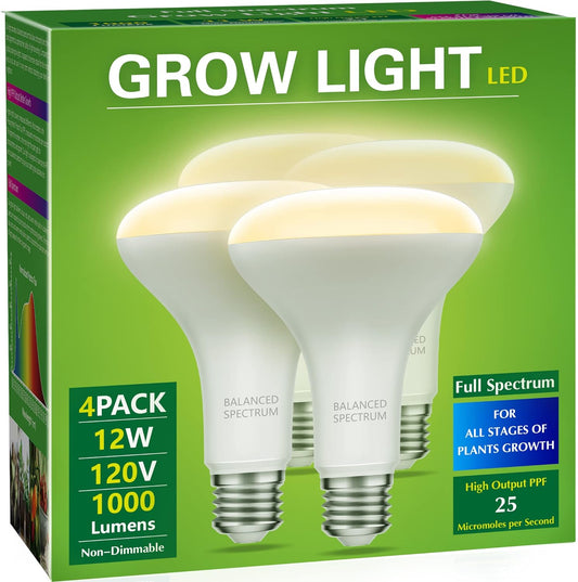 4 Pack LED Grow Light Bulb, BR30 Grow Light Bulbs, Full Spectrum Grow Light Bulb 12W, 120W Equivalent, E26 Plant Light Bulbs, Grow Light for Indoor Plants, Seedlings, Greenhouse
